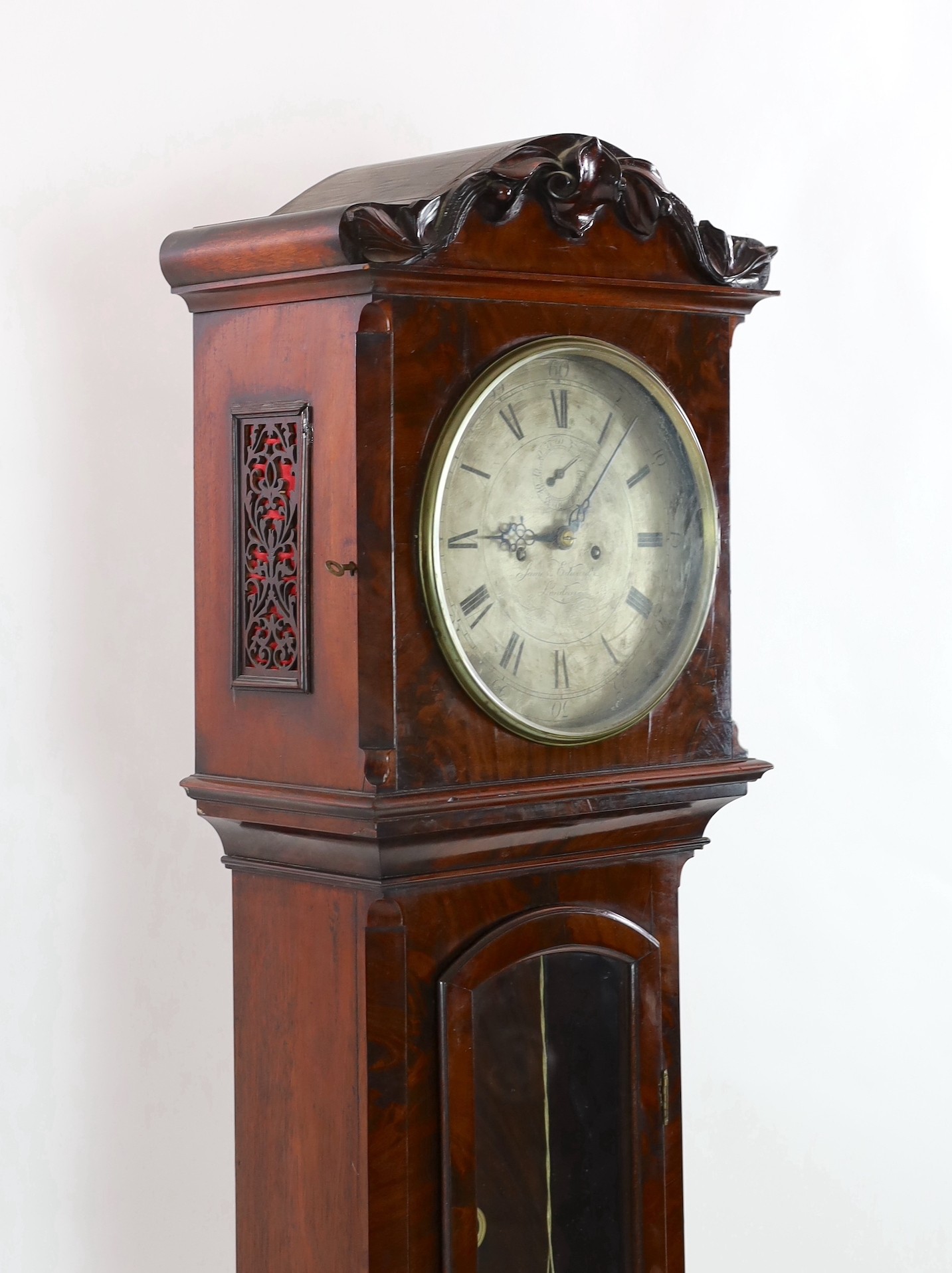 James Edwards of London. An early Victorian flame mahogany cased regulator, 49cm wide, 208cm high